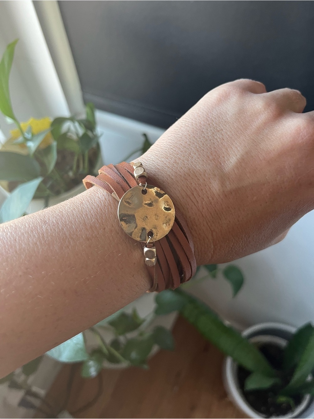 Brown Multi-Strand Leather Bracelet with Gold Disc Accent